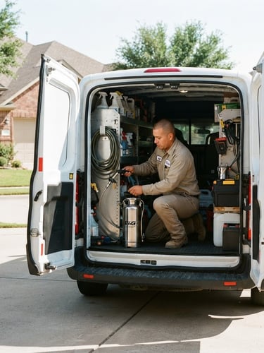 North Richland Hills pest control technician in uniform preparing equipment in a branded service truck, residential driveway, bright natural daylight, high contrast, sharp focus, 35mm