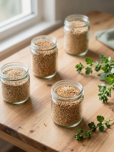 Overhead flatlay of rustic wooden table with jars of grains, fresh herbs, and warm morning light pouring in from a window on the left, shallow depth of field