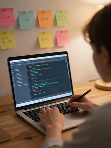 cozy lo-fi photography, warm ambient indoor light, over-the-shoulder view of a student writing code on a laptop, colorful post-it notes on the wall, shallow depth of field