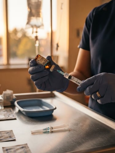 Close-up of a nurse's hands meticulously preparing medication with sterile instruments, soft golden-hour window light, rich deep tones, shallow depth of field, focus on precision and care