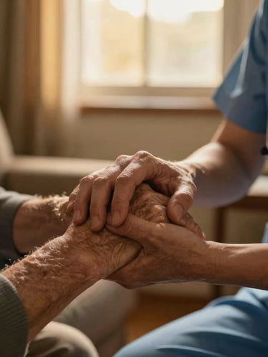 Intimate close-up of a nurse's hands gently holding an elderly patient's hand in a warm, sunlit living room, soft golden-hour window light, shallow depth of field, rich deep tones
