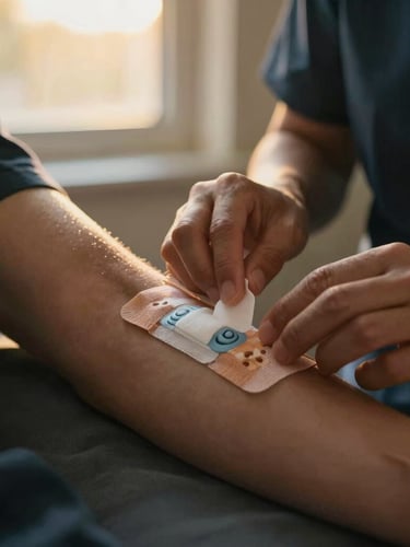 Close-up of a nurse gently applying a modern wound dressing on a patient's arm, hands interacting with care, soft golden-hour window light, rich deep tones, shallow depth of field, focus on human connection and clinical precision