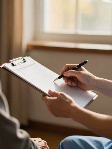 Close-up of a nurse gently reviewing patient charts with an elderly patient in a sunlit home, hands visible, conveying precision and human connection, warm editorial photography, soft golden-hour window light, rich deep tones, shallow depth of field