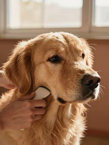 A close-up of gentle hands grooming a calm golden retriever under soft golden-hour window light, warm clay background, shallow depth of field