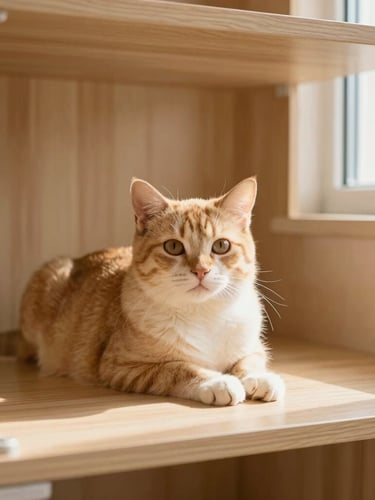 A serene cat resting in a sunlit, clean boarding suite with natural wood accents, warm desert sand tones, soft window daylight