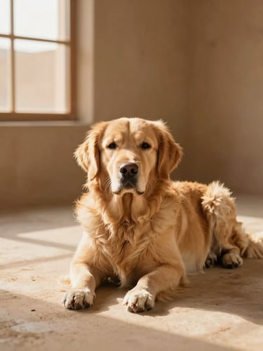 A calm golden retriever resting on a clean, sunlit concrete floor in a warm desert-paced pet sanctuary, soft golden-hour window light, earthy sand and clay tones, shallow depth of field.