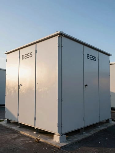 Symmetrical wide-angle shot of the Otahuhu BESS battery storage enclosures under clear morning daylight, displaying clean metallic textures of the utility infrastructure.