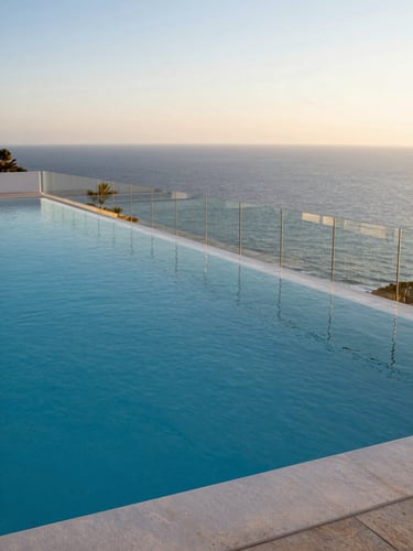 Extreme wide shot of a clifftop infinity pool in Costa del Sol, frameless glass railing tracing the pool perimeter as a near-invisible line, deep blue Mediterranean water merging with the sea beyond, golden-hour light skimming the glass surface, empty deck, no people, architecture white and minimal