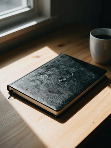 Close-up of workspace details, a sleek black notebook and coffee cup on a light wooden table, natural high-contrast window light with deep shadows.
