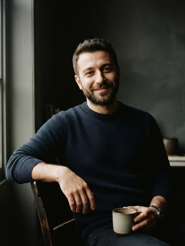 High-contrast, relaxed professional portrait of Caner Demir, natural window light with deep shadows, minimalist background, 35mm film look.