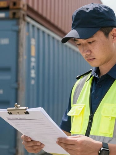 Close-up of a customs inspector in a high-visibility vest examining a cargo manifest clipboard in front of shipping containers, bright daylight.