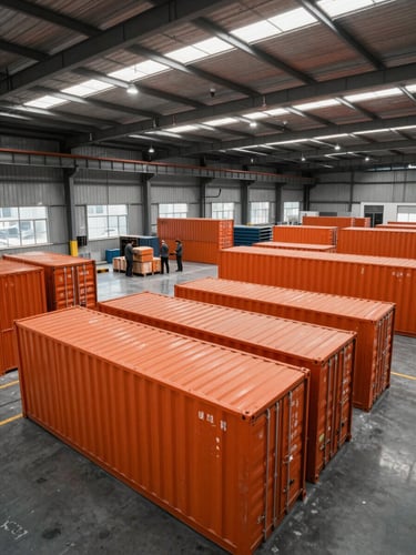 Wide-angle view of a clean warehouse interior in Yiwu, high-contrast industrial lighting, orange cargo containers stacked neatly, workers in the background organizing crates.