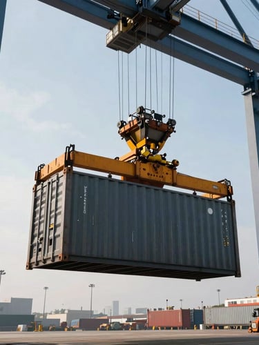 Wide-angle industrial crane lifting a heavy steel cargo container at a busy port terminal, high-contrast daylight, steel structures framing the shot.