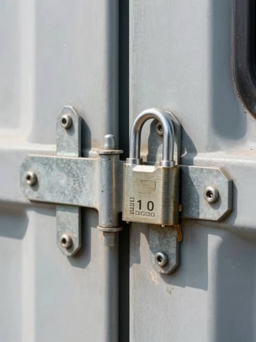 Close-up shot of cargo container doors being sealed with a heavy-duty numbered steel lock, bright industrial daylight, sharp focus on the metallic seal