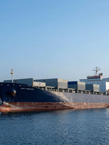 A wide-angle sharp shot of a modern cargo ship docked at a deep-water port in cool morning daylight, steel blue tones, industrial commercial photography