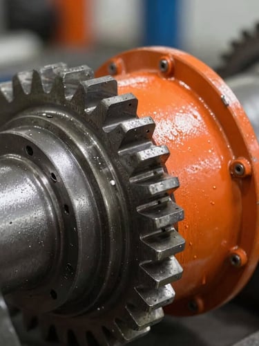 Close-up of a heavy-duty truck transmission gear, metallic steel textures, harsh workshop lighting, sharp focus, 35mm