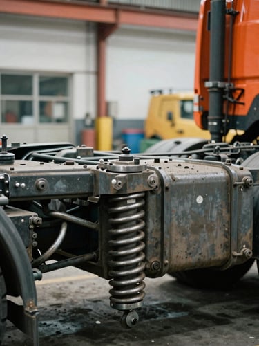 Close-up of a heavy truck steel suspension and chassis, gritty industrial photography, harsh workshop lighting, metallic steel and high-visibility orange tones, sharp focus, 35mm