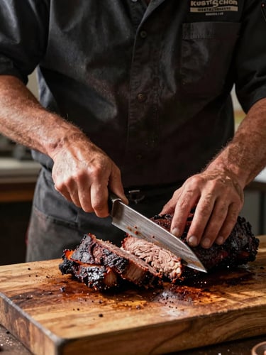 Close-up documentary shot of a pitmaster in a clean dark uniform slicing a smoked brisket on a heavy wooden block, thick dark bark, dramatic side lighting