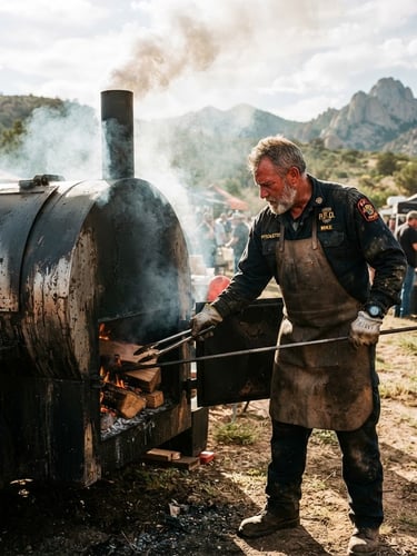 A rugged firefighter-turned-pitmaster in a dark uniform tending a massive black steel smoking trailer, billowing white wood smoke, dramatic high-contrast sunlight, Prescott Arizona background.