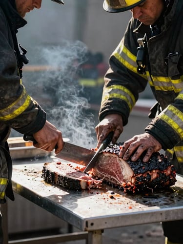 Side view of firefighters in dark uniforms slicing a massive brisket with heavy black bark on a metal prep table, dramatic firelight glow