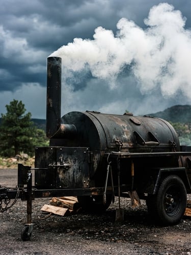 Close-up of a rugged black steel smoking trailer with billowy white smoke rising against a dark Prescott sky, high-contrast natural light