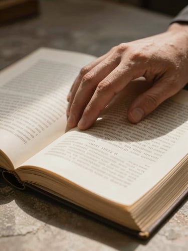 Extreme close-up of a hand resting on an open manuscript, north-facing studio light casting clean shadows across the page, architectural stone surface visible beneath, no warm tones