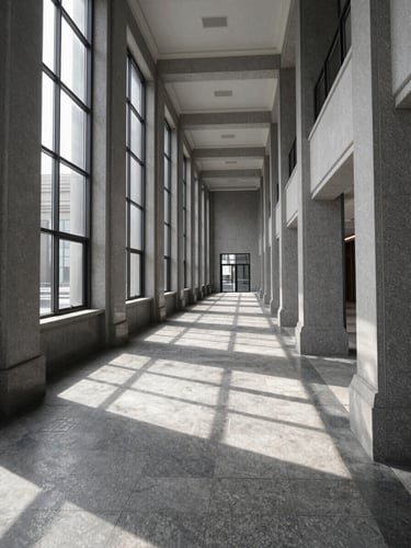 Wide institutional corridor in a government building, north-facing daylight streaming through tall windows onto polished stone floors, empty and still, architectural columns receding into deep perspective, extreme geometric order, monochromatic tones