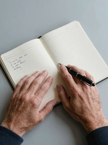 Close overhead view of worn hands resting on an open notebook, a pen placed alongside handwritten notes, sparse table surface under diffused north-facing daylight, no faces visible, institutional calm
