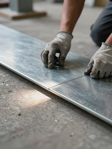 Close-up low-angle shot of raised floor pedestal and panel edge being set by a worker's gloved hands on a concrete subfloor, tungsten site light raking across the steel panel surface to reveal joint precision, industrial environment