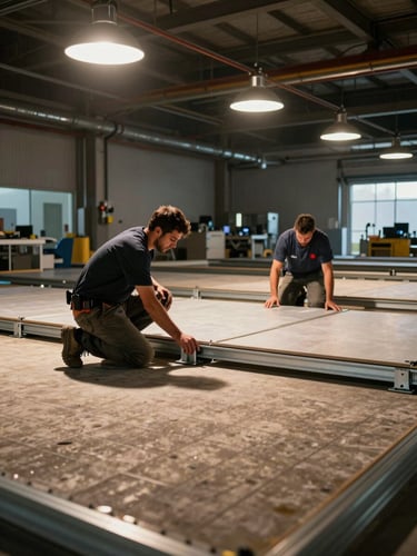 Wide shot of two installation crew members working on a raised floor system in a large commercial space, one kneeling adjusting a steel pedestal and the other aligning a panel, tungsten work lights overhead casting warm directional shadows across the subfloor grid