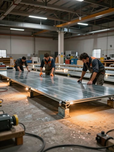 Wide low-angle shot of raised floor installation in progress inside a large commercial building, technicians in work gear aligning steel floor panels on a grid of pedestals, tungsten work lights casting warm orange-yellow pools on the concrete subfloor, industrial ceiling structure visible above, cables and tools in foreground