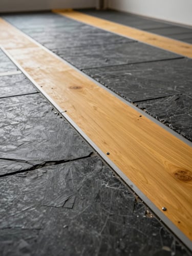 Low-angle wide shot of an installed raised access floor system in a commercial space, showing slate and steel panel transitions at floor level, tungsten work lighting casting warm orange-yellow rakes across the surface, seam edges sharp and precise, no people
