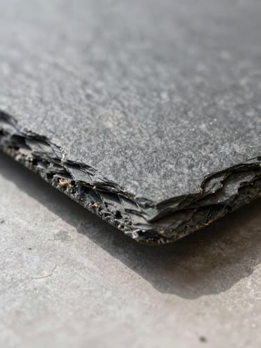 Extreme close-up of a slate raised floor panel edge detail on a job site, showing the natural cleavage texture and precision-cut seam under north-facing indoor daylight, no people, no showroom