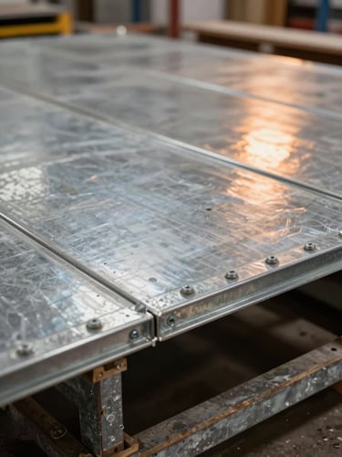 Close-up of a steel raised floor panel installation in progress on a commercial site, showing the galvanized surface and bolt-down edge detail under tungsten work lighting with warm orange highlights, no people visible, no showroom