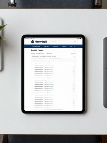 Straight-on architectural flat lay of a clean corporate office desk in Mumbai, high-end digital tablet displaying structured compliance data and legal frameworks, cool crisp daylight.