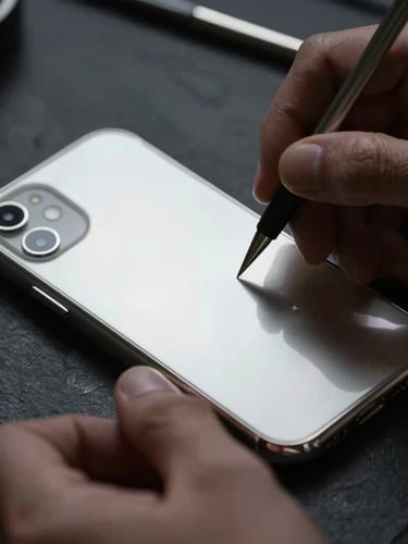 Macro photograph of a master artisan's hands carefully engraving a solid sterling silver iPhone case, sharp specular highlights on the metallic grain, low-key dramatic side-lighting, dark slate background, 35mm.
