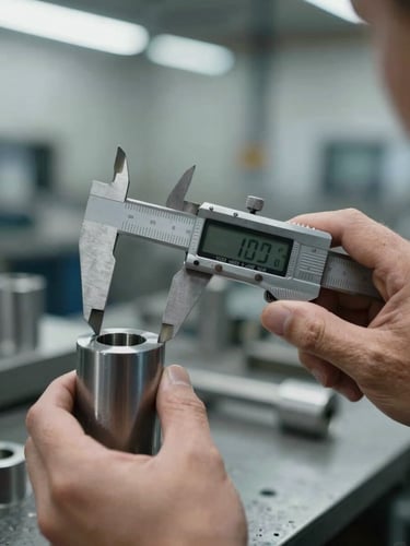 Extreme close-up of hands holding digital calipers measuring the precise thickness of a machined steel component on an overcast factory floor.