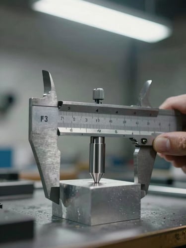 Macro close-up of heavy steel calipers measuring a precision-milled aluminum block on a workshop table, cool fluorescent overhead lighting, shallow depth of field.