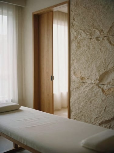A serene minimalist treatment room with soft morning light, showing a glimpse of a wooden screen and stone textures, 35mm