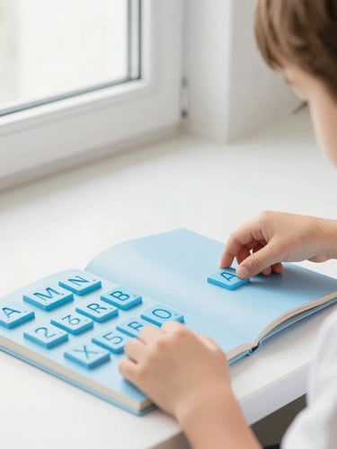 Focused child engaging with physical books and tactile letter tiles, bright natural window light, bright editorial photography, shallow depth of field, 35mm