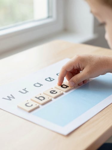 Close-up of a child's finger tracking phonics tiles on a wooden desk, bright natural window light, shallow depth of field, 35mm