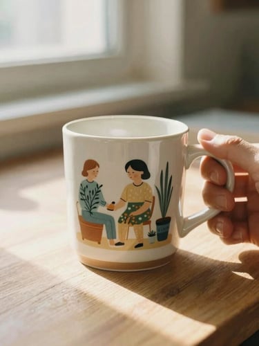 Close-up of a hand holding a beautifully printed ceramic mug with a custom illustration, warm morning sunlight streaming through a window, soft focus on a wooden workshop table.