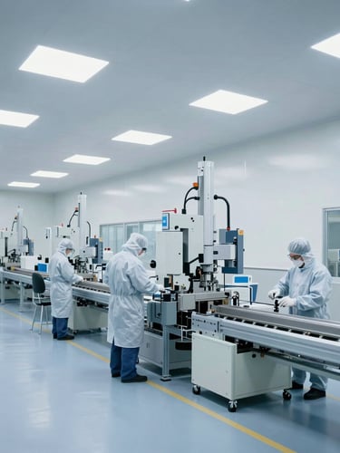 Wide-angle architectural shot of a modern, clean industrial manufacturing facility interior, with automated assembly lines and technicians in cleanroom attire. Cool, bright industrial daylight.