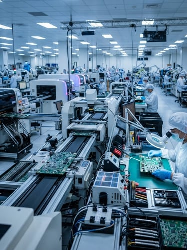 Wide panoramic shot of a modern, brightly lit electronic component manufacturing facility in Taiwan, workers in clean suits assembling PCBs, sharp focus on precision machinery, cool blue and white studio lighting.