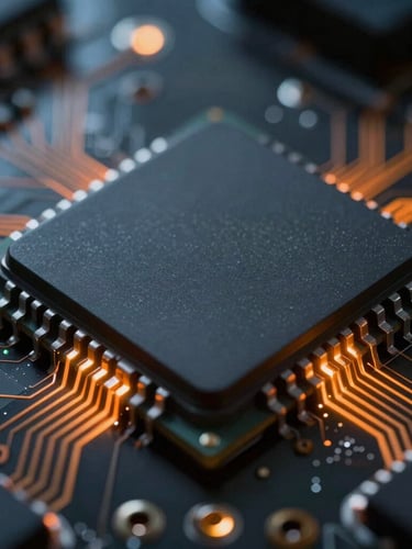 Extreme close-up macro shot of a physical mobile processor chip on a dark circuit board, glowing orange filament lines tracing connections, high-contrast cool blue-gray ambient lighting.