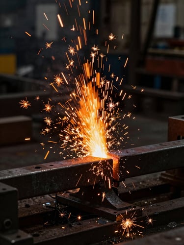 Macro shot of industrial steel fabrication, sparks flying from molten metal, dark low-key lighting with high-contrast orange highlights.
