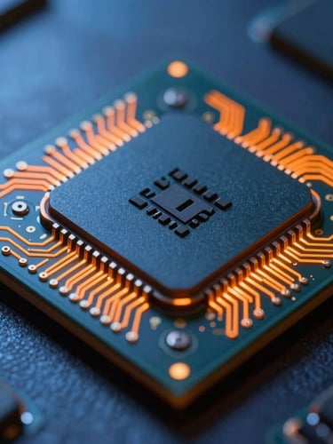 Macro close-up of a mobile processor chip glowing with molten orange circuit lines, cool blue ambient light casting sharp shadows on metallic components.