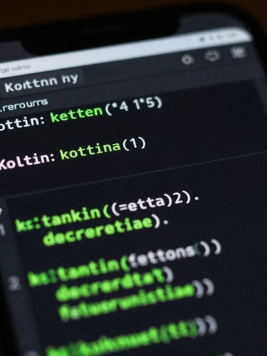 Ultra-close macro shot of a dark mobile screen displaying high-fidelity Kotlin code lines with electric green highlights, low-key ambient lighting, IDE terminal interface.
