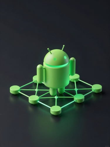 Isometric 3D render of a glowing green Android app architecture diagram, node-based connections on a dark background, high-contrast digital terminal aesthetic.
