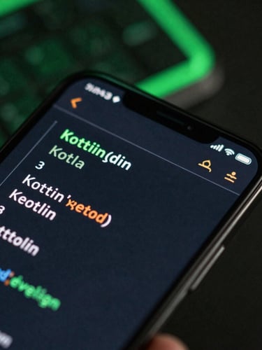 Ultra-close macro shot of a high-performance Android smartphone screen showing real-time Kotlin code execution metrics, dark ambient background with sharp electric green backlighting